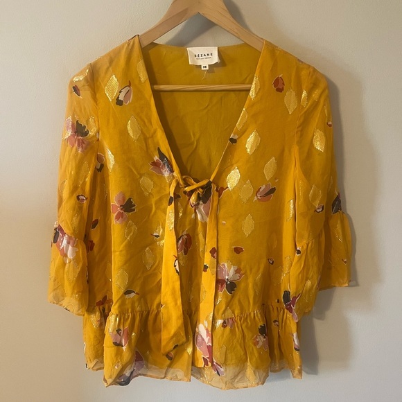 Sézane Anita Silk Blouse in Grands Fleurs Safran Mustard Yellow EU 38 (US 6) - Picture 4 of 13